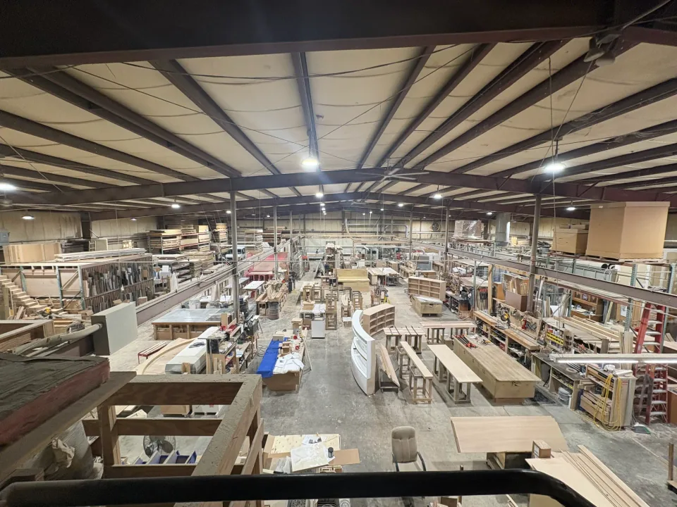 Elevated view across the CKC Woodworks production floor in St. Louis.